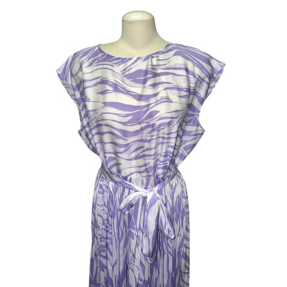 Nine West Womens XL Purple & White Zebra Print Pleated Midi Dress With Waist Tie - Picture 6 of 11